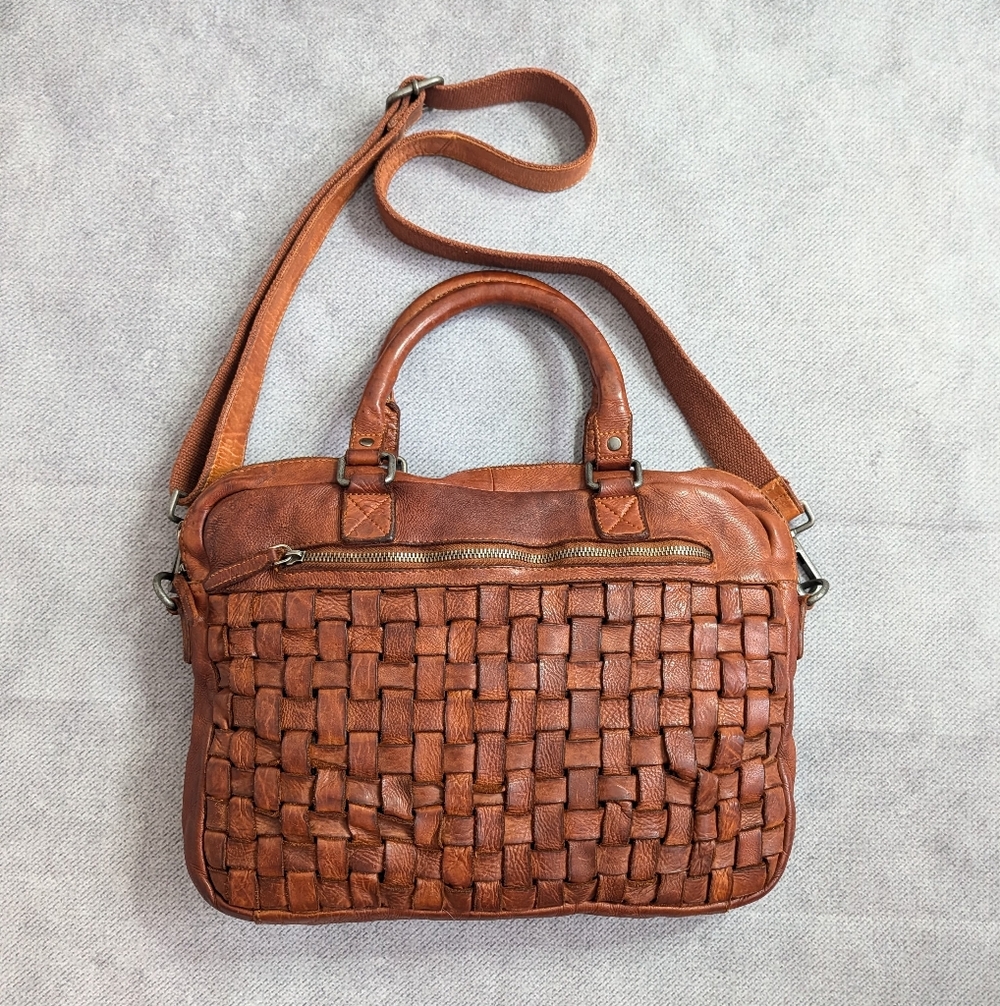Vilenca Holland Made In Italy Leather Working Woven Laptop Satchel Cognac/Brown